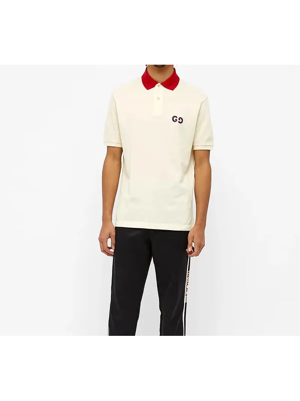 Футболка поло GUCCI Contrast Collar Logo Printed Polo Shirt For Men — изображение 3 из 4, бежевый