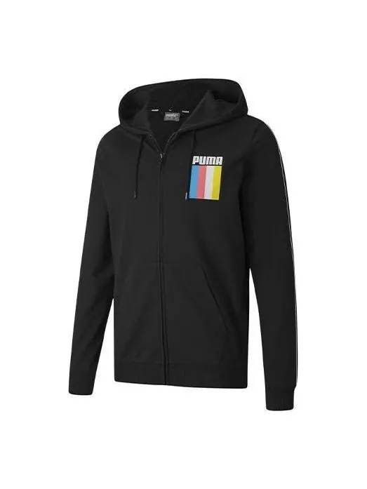 Куртка celebration full-zip jacket 'black' Puma — изображение 1 из 4, черный/белый/желтый