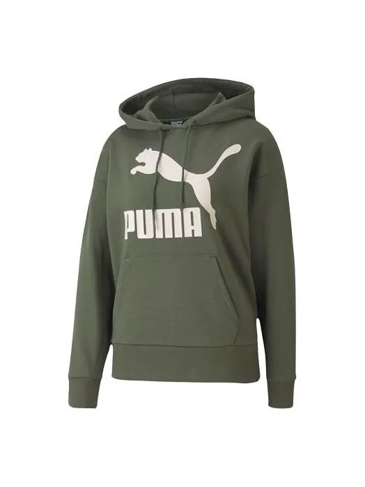 Толстовка classics logo hoodie 'olive green white' Puma — изображение 1 из 4, оливковый зеленый/белый
