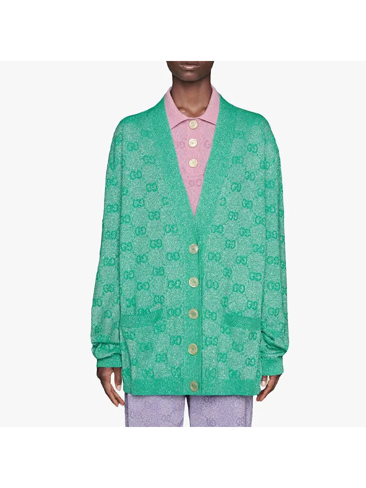 Кардиган Gucci GG Sparkling Wool Cardigan, женский, с блеском — изображение 2 из 4, мятный