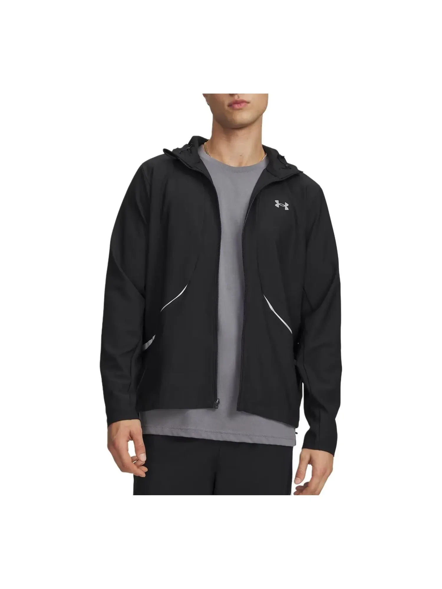 Куртка Under Armour Unstoppable Woven Jacket, цвет «Черный с серебристыми светоотражающими элементами» — изображение 1 из 2
