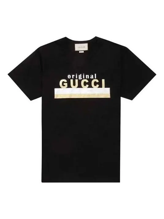 Футболка Gucci с золотисто-серебряным полосатым логотипом, коротким рукавом — изображение 1 из 4, черный