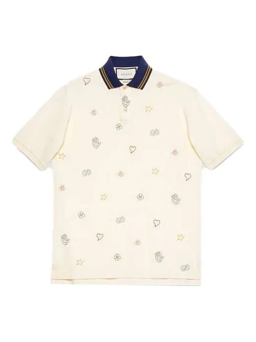 Футболка поло GUCCI Logo Embroidered Cotton Short-Sleeved Polo Shirt For Men, хлопок, короткий — изображение 1 из 4, белый