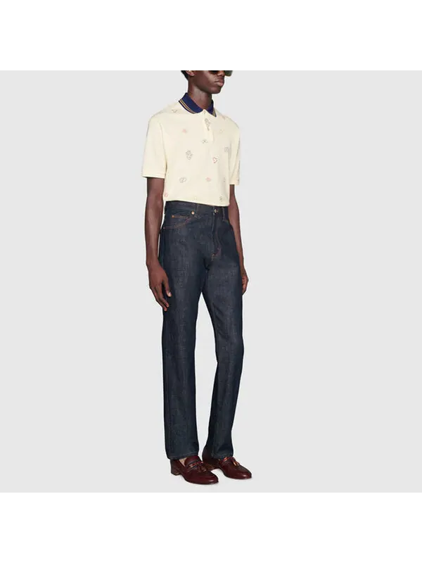 Футболка поло GUCCI Logo Embroidered Cotton Short-Sleeved Polo Shirt For Men, хлопок, короткий — изображение 4 из 4, белый