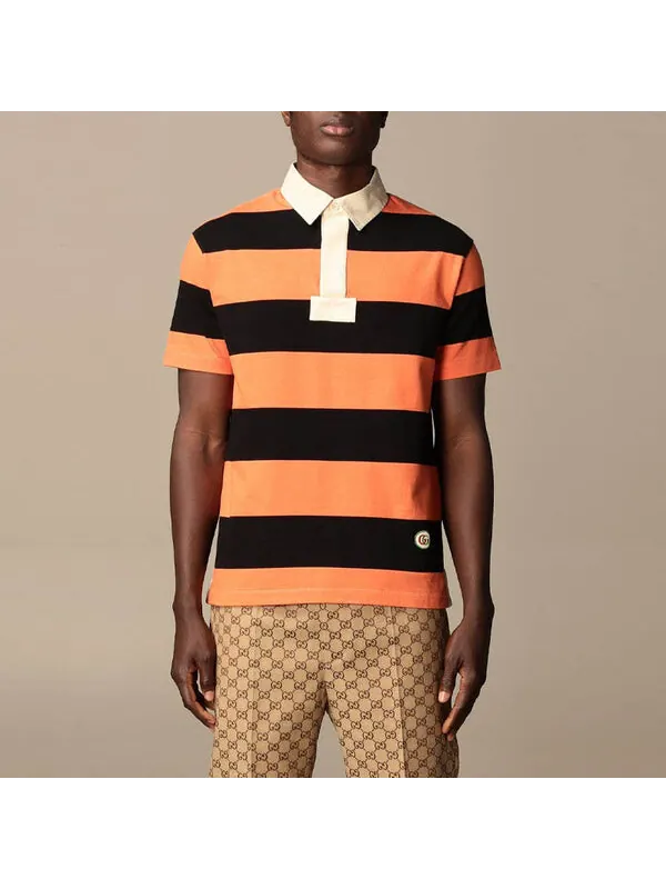 Футболка Gucci Polo SS21 Striped Cotton With Patch — изображение 2 из 4, оранжевый/черный