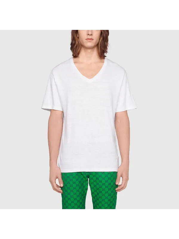 Футболка Gucci Linen V-Neck T-Shirt with Double G — изображение 3 из 4, белый