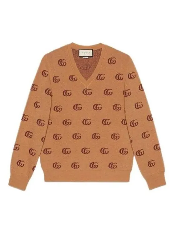 Свитер Gucci Double G Jacquard Wool V-Neck — изображение 1 из 4, бежевый