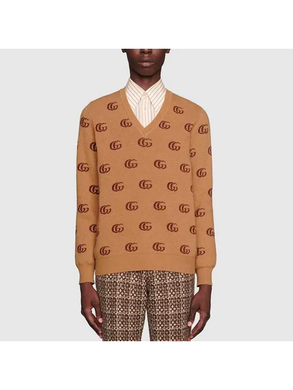 Свитер Gucci Double G Jacquard Wool V-Neck — изображение 2 из 4, бежевый