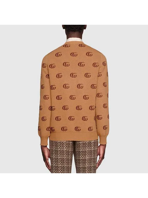 Свитер Gucci Double G Jacquard Wool V-Neck — изображение 3 из 4, бежевый