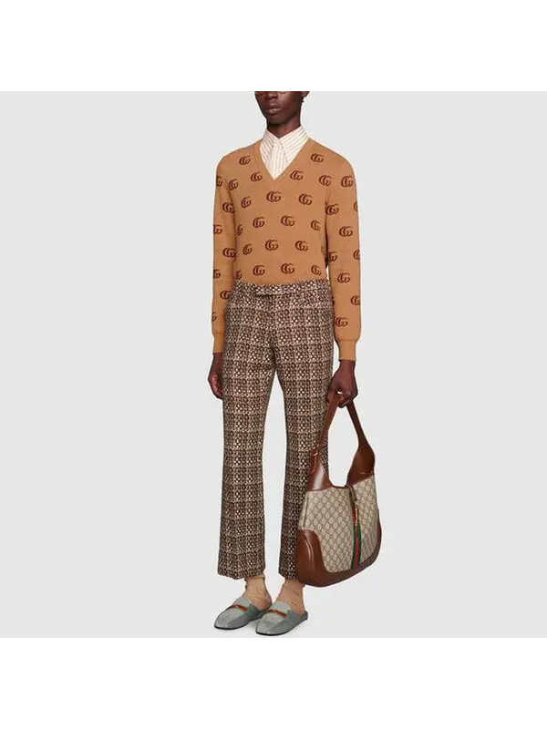 Свитер Gucci Double G Jacquard Wool V-Neck — изображение 4 из 4, бежевый