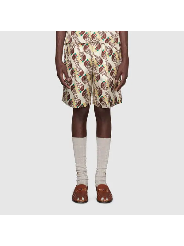 Шорты Gucci x The North Face Logo Web Print Silk Shorts 'Ivory Brown Green', шелковые — изображение 2 из 3