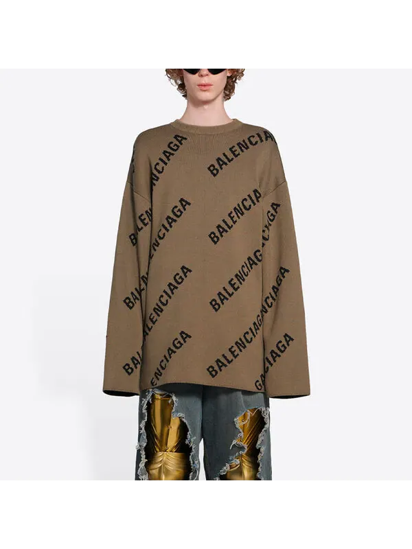 Свитер all over logo crewneck wool knit sweater 'light brown' Balenciaga — изображение 3 из 4, коричневый