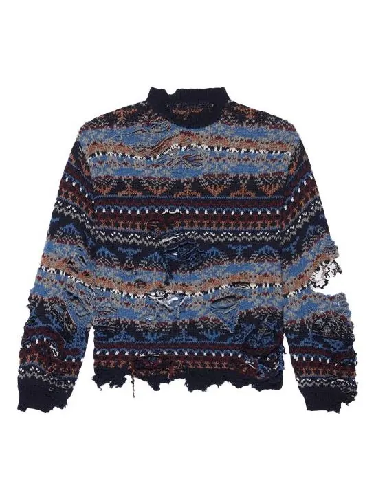 Свитер Balenciaga Destroyed Fair Isle Wool-Blend Jumper 'Blue' — изображение 1 из 6, синий