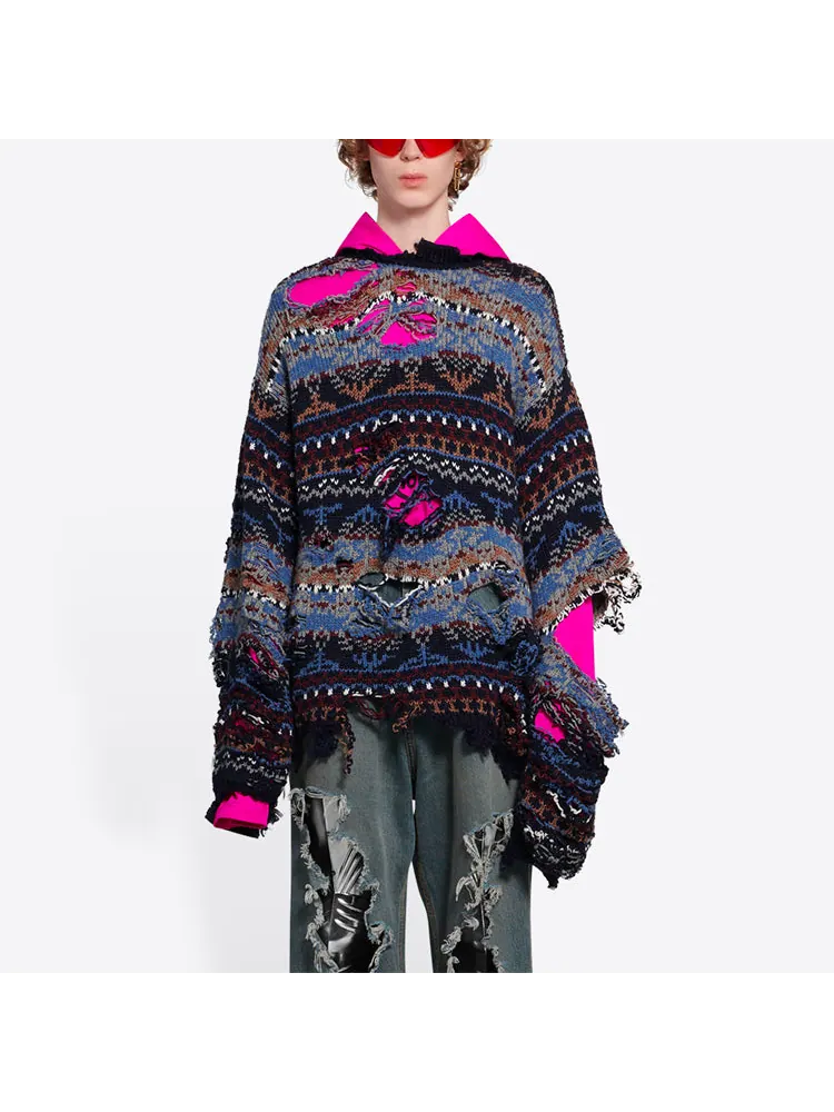 Свитер Balenciaga Destroyed Fair Isle Wool-Blend Jumper 'Blue' — изображение 2 из 6, синий