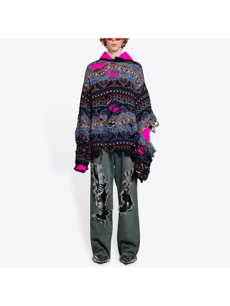 Свитер Balenciaga Destroyed Fair Isle Wool-Blend Jumper 'Blue' — изображение 3 из 6, синий