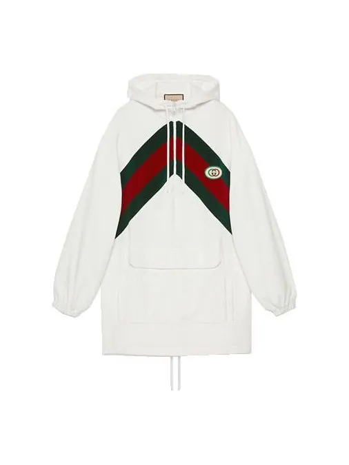Платье Gucci хлопковое с плюшевой отделкой Web, женское — изображение 1 из 4, белый/зеленый/красный