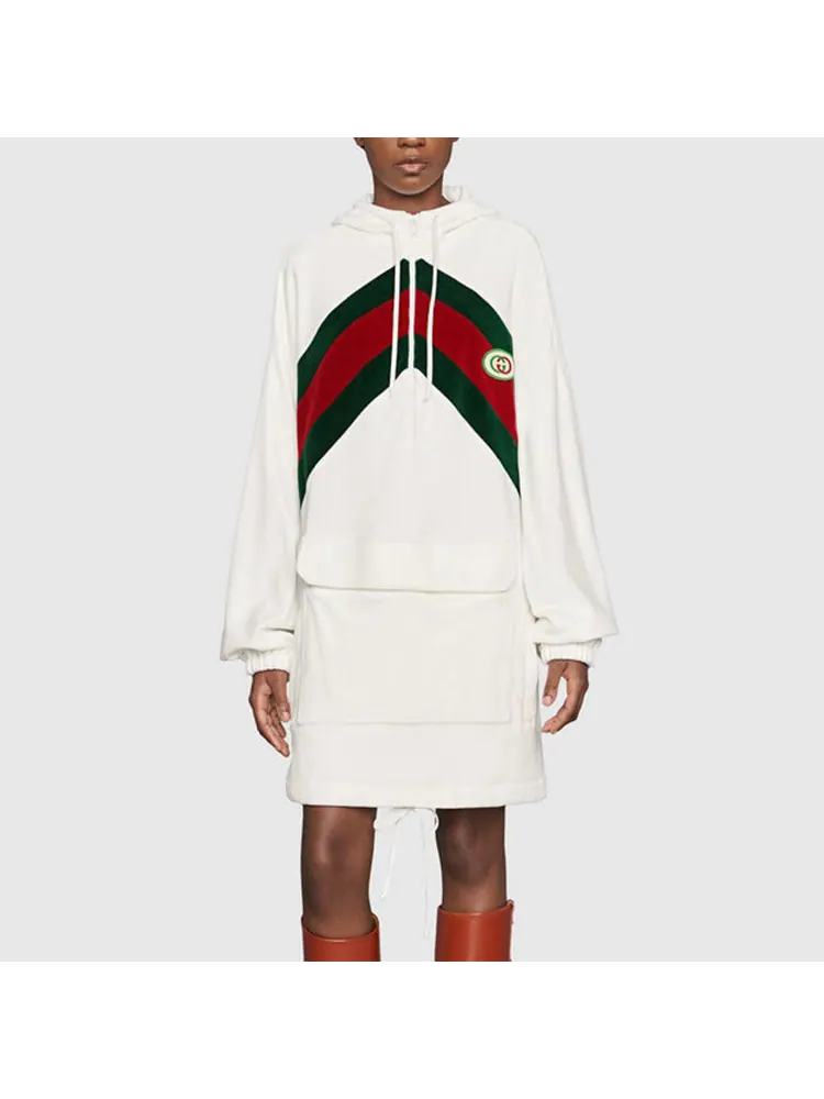 Платье Gucci хлопковое с плюшевой отделкой Web, женское — изображение 3 из 4, белый/зеленый/красный