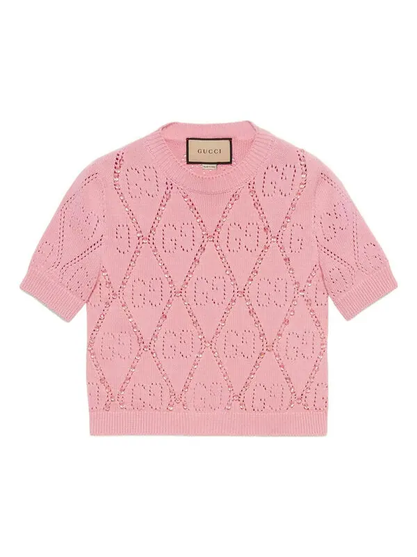 Футболка Gucci GG Cotton Beaded, с декоративной отделкой бисером — изображение 1 из 1, розовый