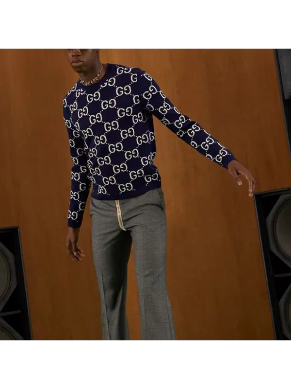 Свитер Gucci gg wool jacquard sweater 'blue ivory' — изображение 4 из 4, синий