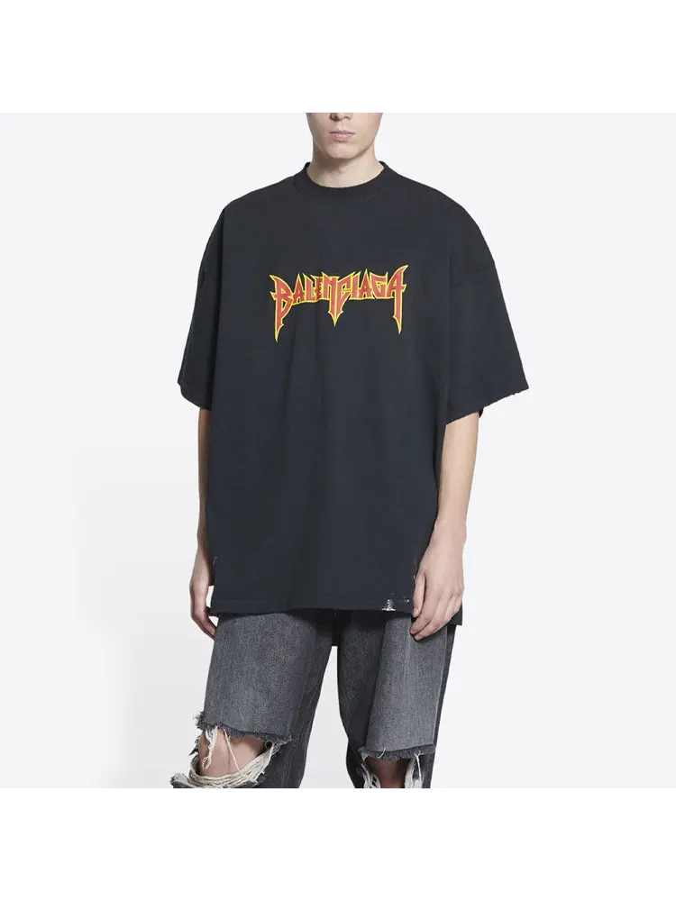 Футболка Balenciaga Metallica Short Sleeve T-Shirt Oversized Fit 'Black Orange' — изображение 3 из 6, черный