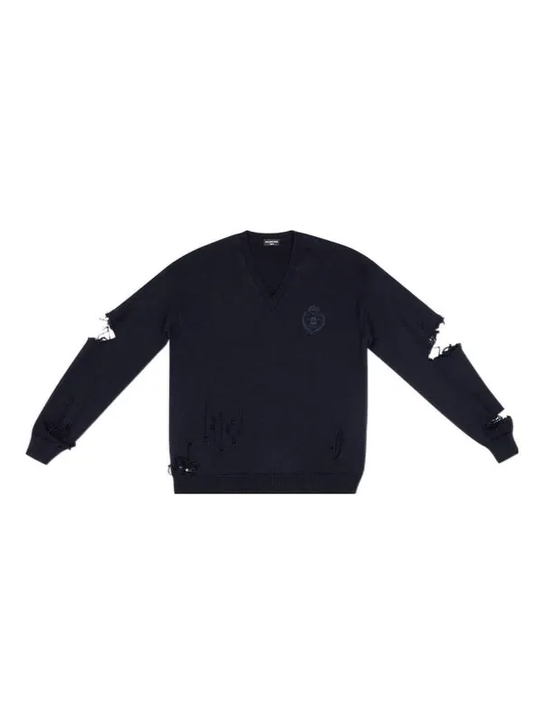 Свитер destroyed v-neck knit sweater 'navy' Balenciaga — изображение 1 из 4, темно-синий
