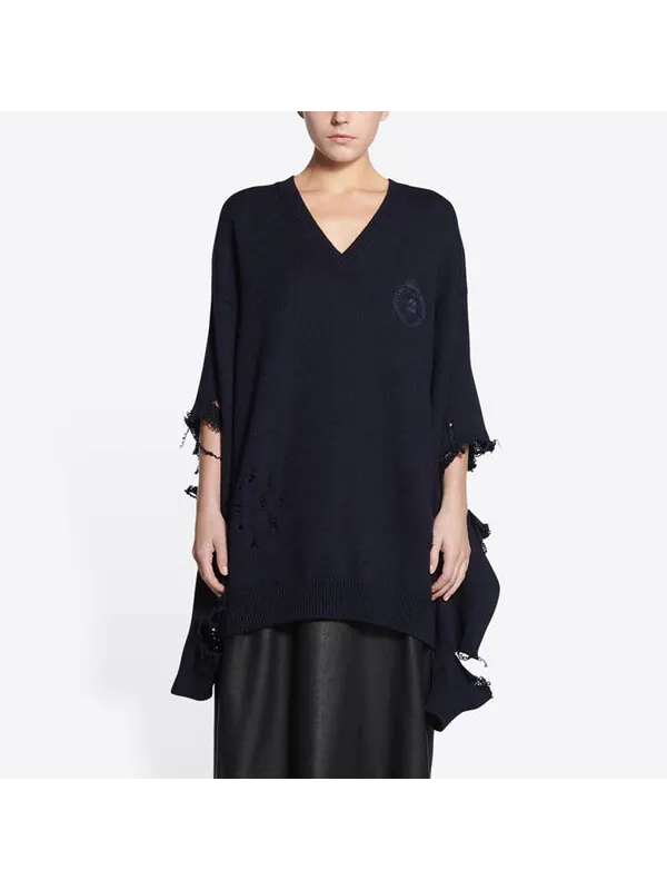 Свитер destroyed v-neck knit sweater 'navy' Balenciaga — изображение 4 из 4, темно-синий