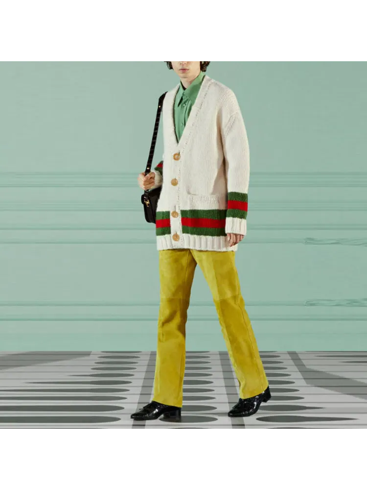 Кардиган Gucci Wool Cardigan With Web — изображение 2 из 4, бежевый