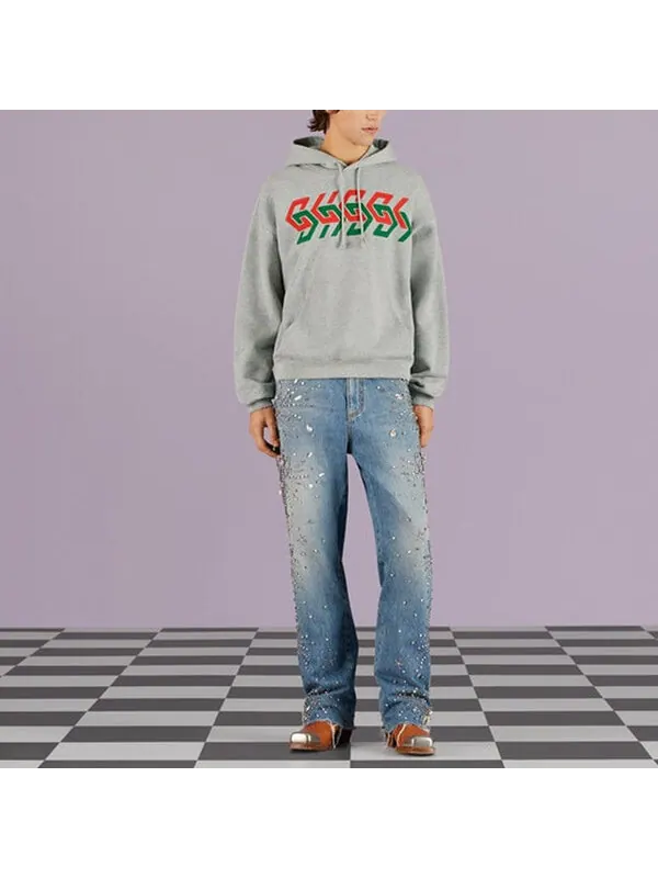 Толстовка Gucci Chain Print Hooded Sweatshirt — изображение 4 из 4, серый