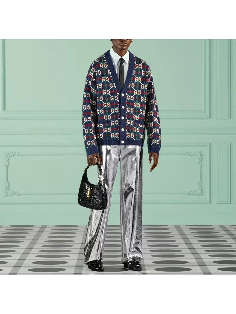 Кардиган Gucci GG Check Knit Wool Cardigan 'Blue White' — изображение 2 из 4, синий