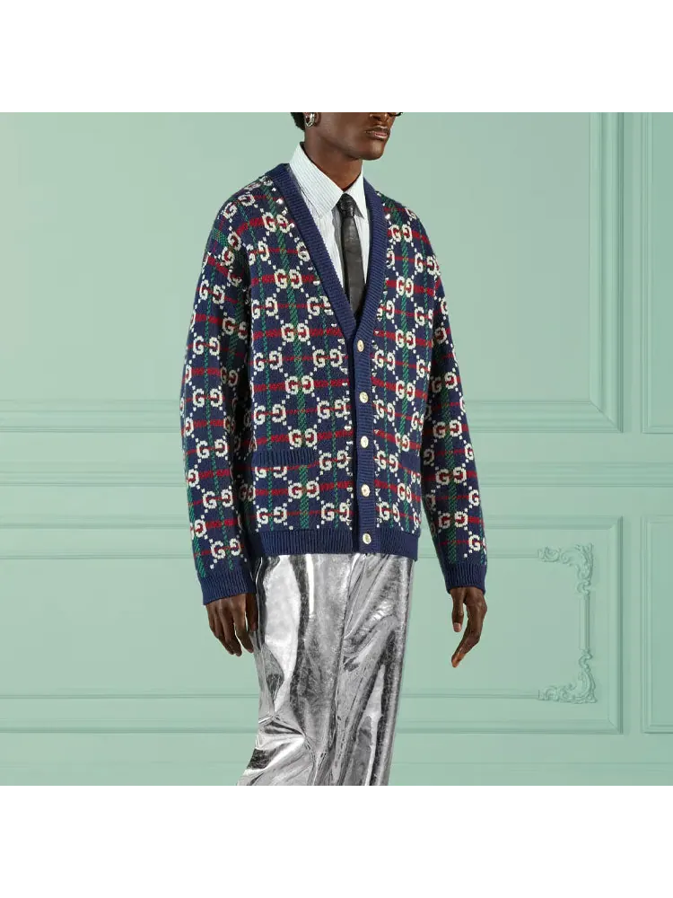 Кардиган Gucci GG Check Knit Wool Cardigan 'Blue White' — изображение 4 из 4, синий