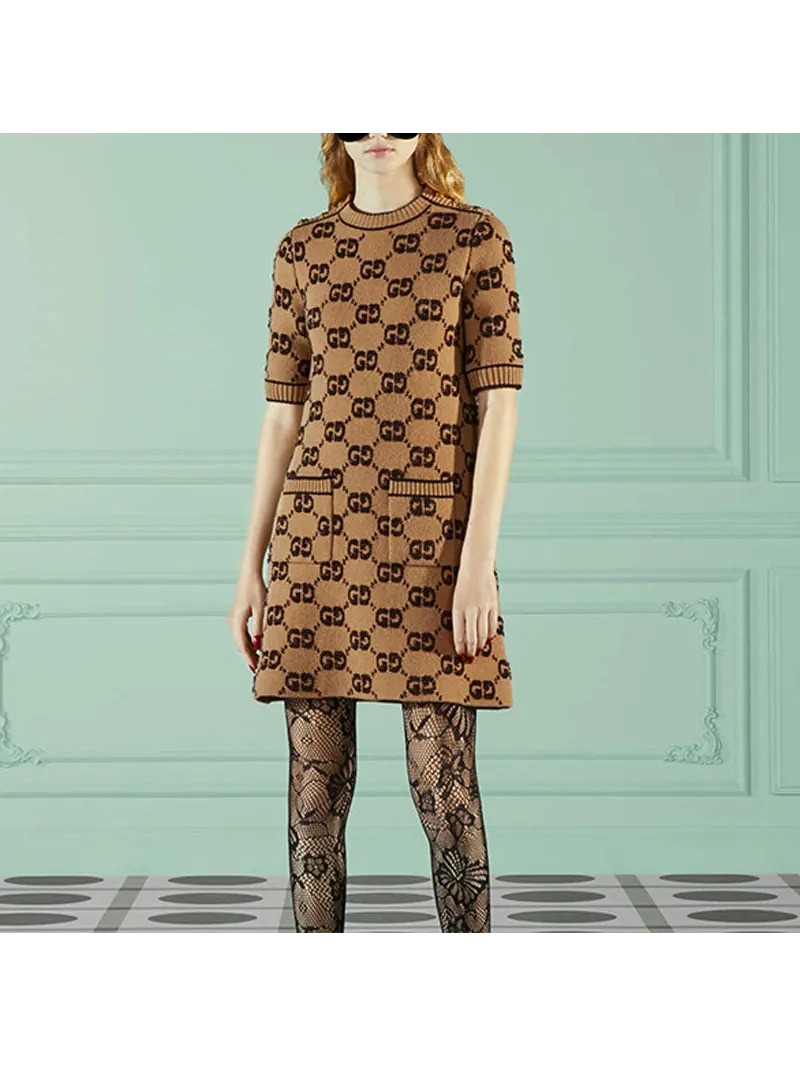 Платье Gucci GG шерстяное букле жаккард, женское — изображение 3 из 4, коричневый