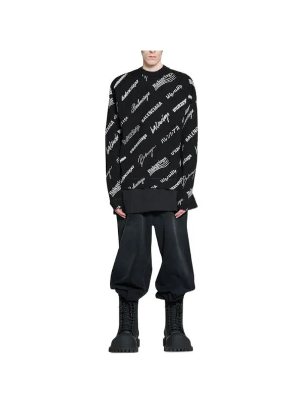 Свитер allover logo print crewneck sweatshirt 'black white' Balenciaga — изображение 3 из 4, черный/белый