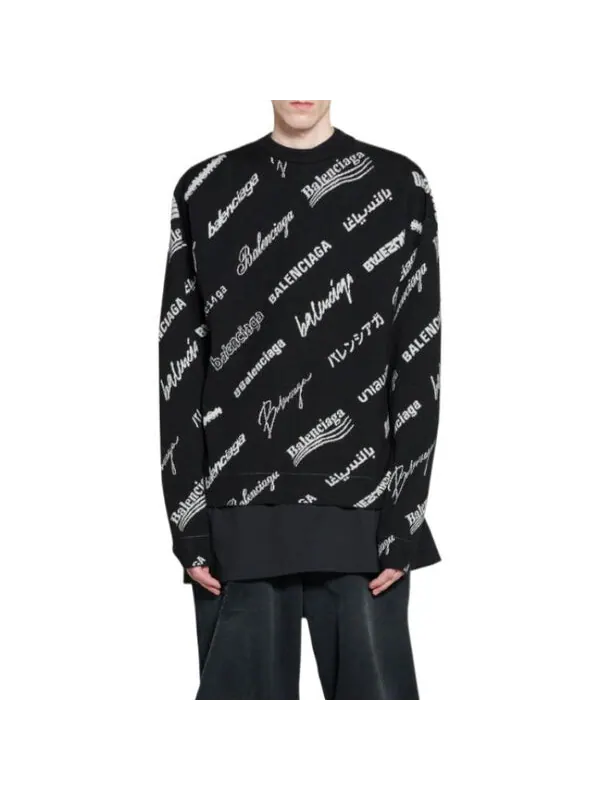 Свитер allover logo print crewneck sweatshirt 'black white' Balenciaga — изображение 4 из 4, черный/белый