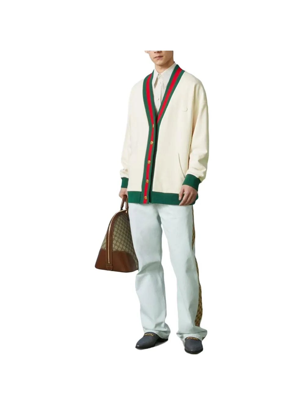 Кардиган Gucci Cotton Jersey Cardigan With Web — изображение 2 из 6, белый