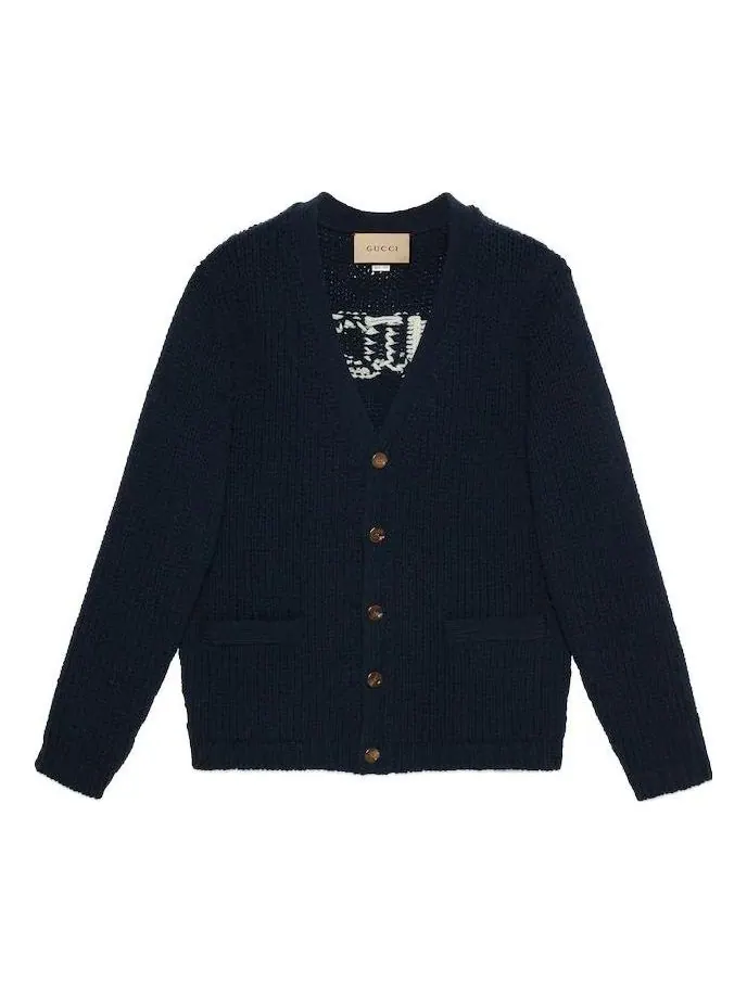 Кардиган Gucci Knit Wool Cardigan With Gucci Intarsia — изображение 1 из 6, синий