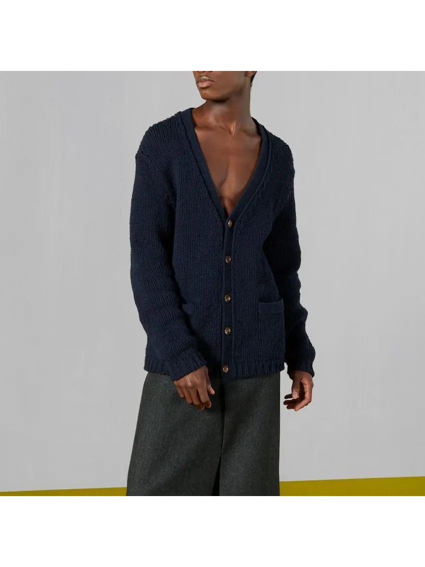 Кардиган Gucci Knit Wool Cardigan With Gucci Intarsia — изображение 3 из 6, синий
