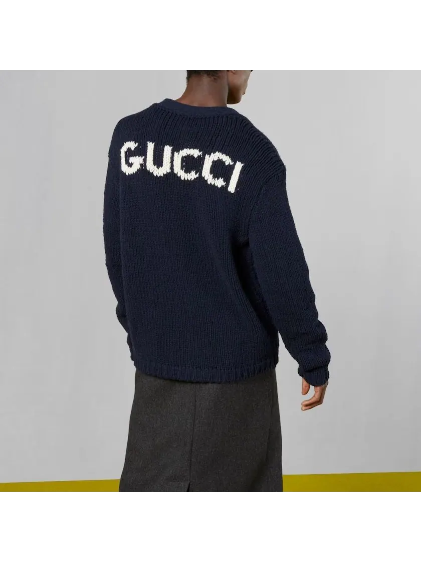 Кардиган Gucci Knit Wool Cardigan With Gucci Intarsia — изображение 4 из 6, синий