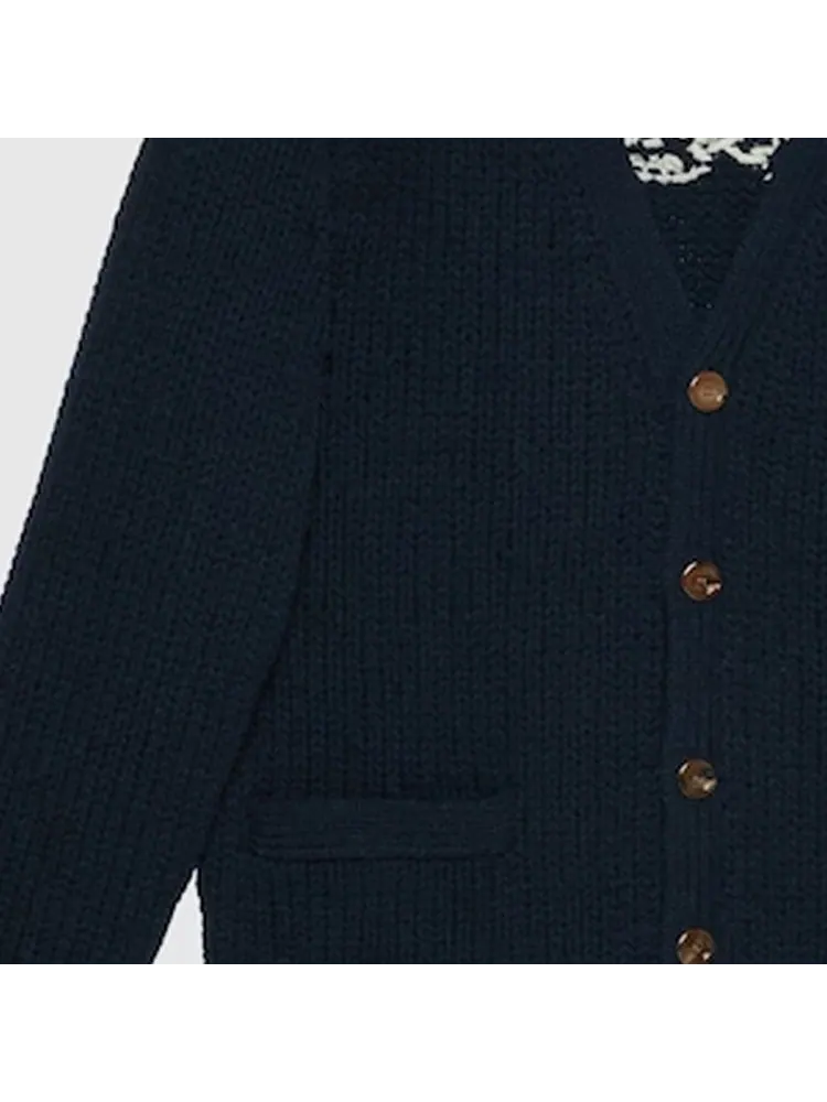 Кардиган Gucci Knit Wool Cardigan With Gucci Intarsia — изображение 5 из 6, синий