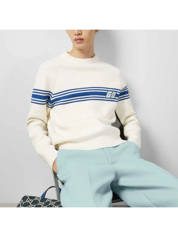 Свитер Gucci knit wool sweater with square gg 'ivory blue' — изображение 3 из 4, слоновая кость/синий