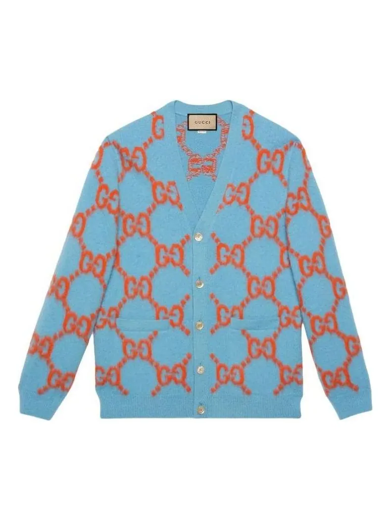 Кардиган Gucci Wool Cardigan With GG Intarsia 'Light Blue Orange' — изображение 1 из 7, синий