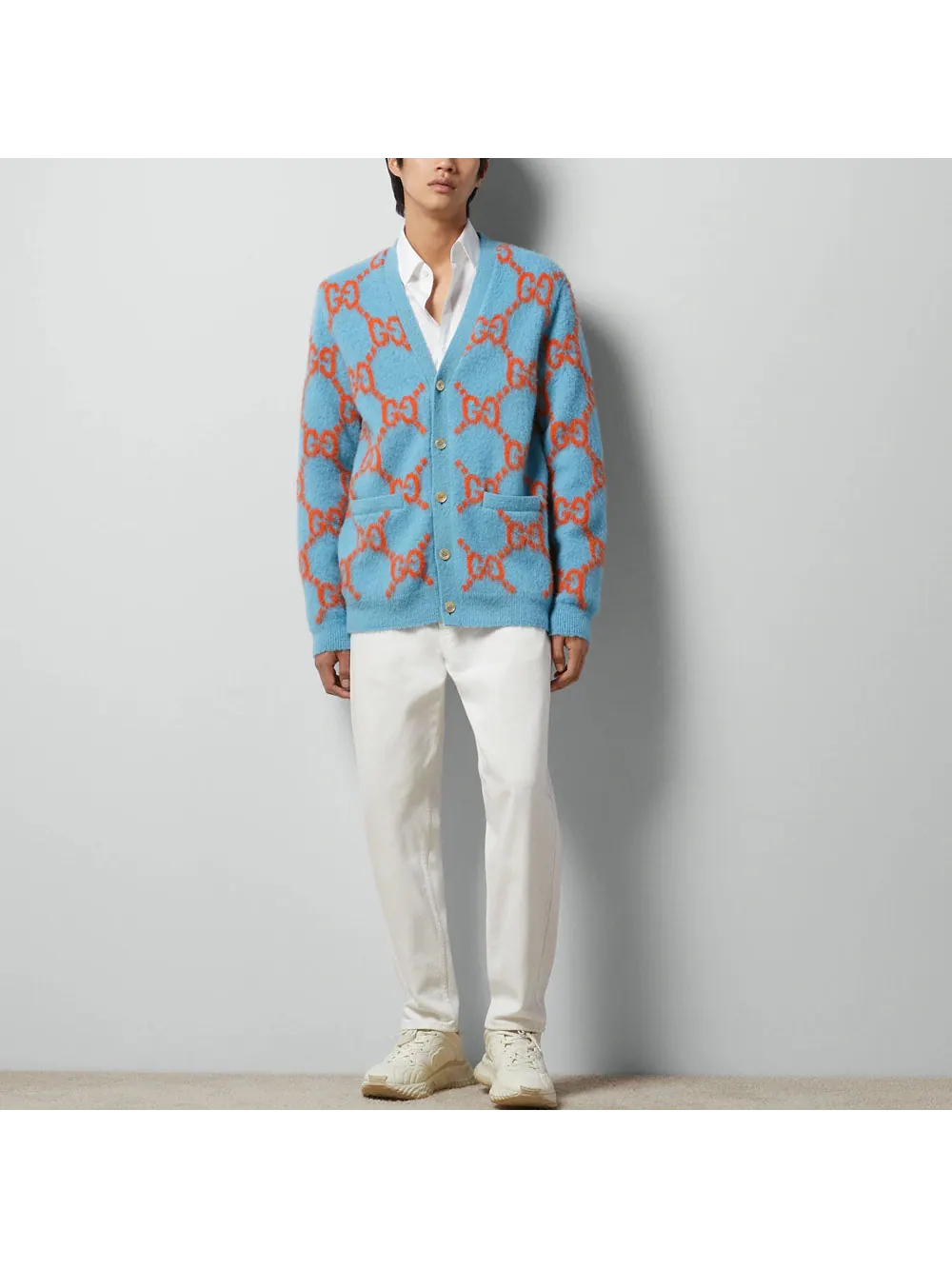 Кардиган Gucci Wool Cardigan With GG Intarsia 'Light Blue Orange' — изображение 2 из 7, синий