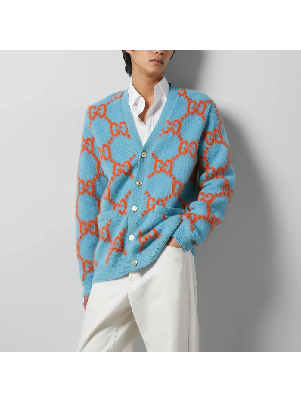 Кардиган Gucci Wool Cardigan With GG Intarsia 'Light Blue Orange' — изображение 3 из 7, синий