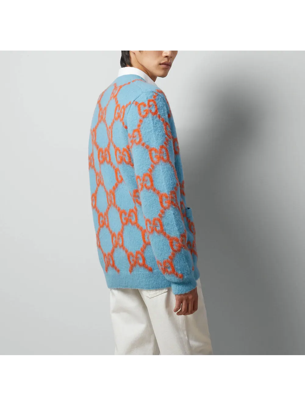 Кардиган Gucci Wool Cardigan With GG Intarsia 'Light Blue Orange' — изображение 4 из 7, синий