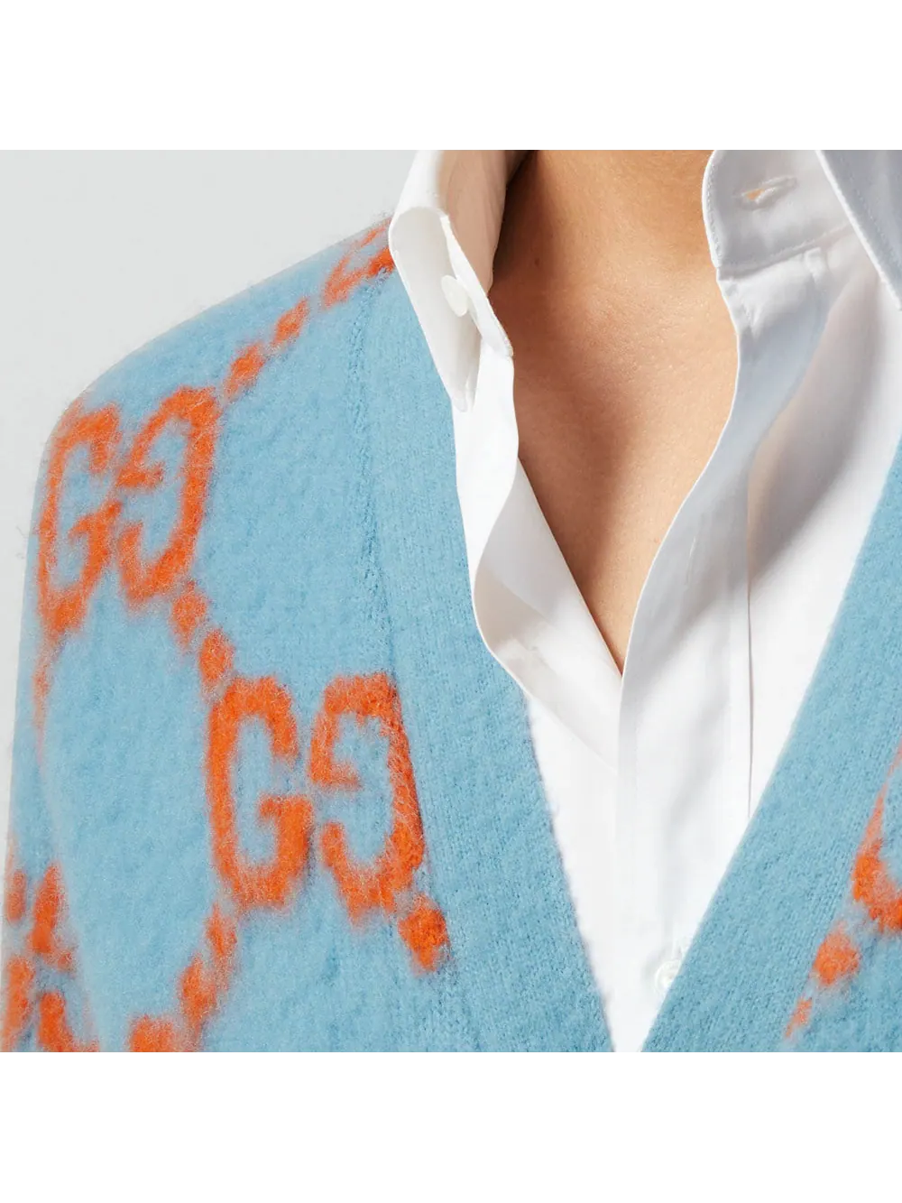 Кардиган Gucci Wool Cardigan With GG Intarsia 'Light Blue Orange' — изображение 5 из 7, синий
