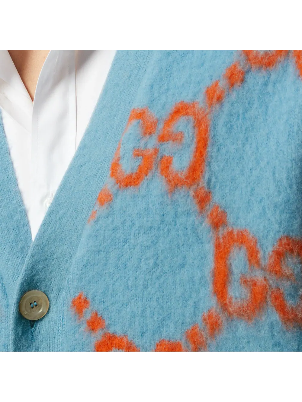 Кардиган Gucci Wool Cardigan With GG Intarsia 'Light Blue Orange' — изображение 6 из 7, синий