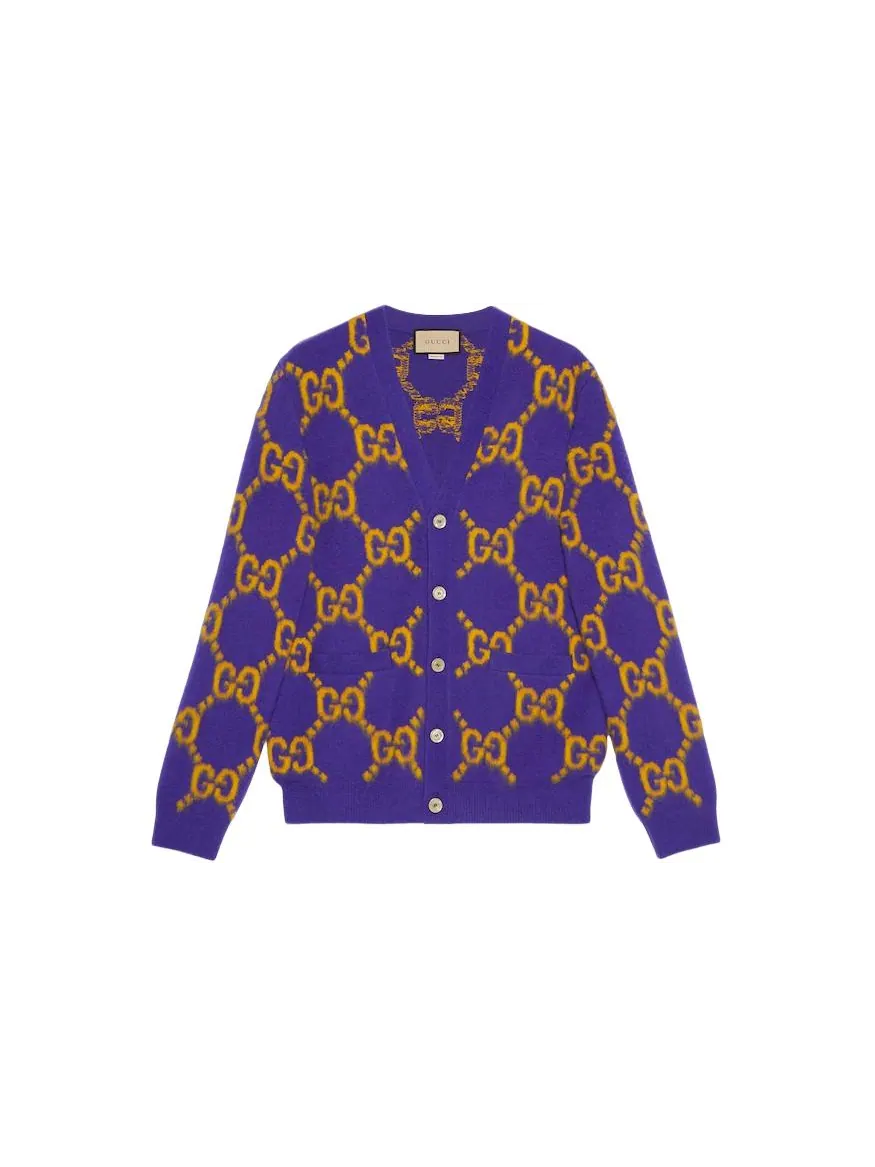 Кардиган Gucci Wool Cardigan With GG Intarsia 'Light Blue Orange' — изображение 7 из 7, синий