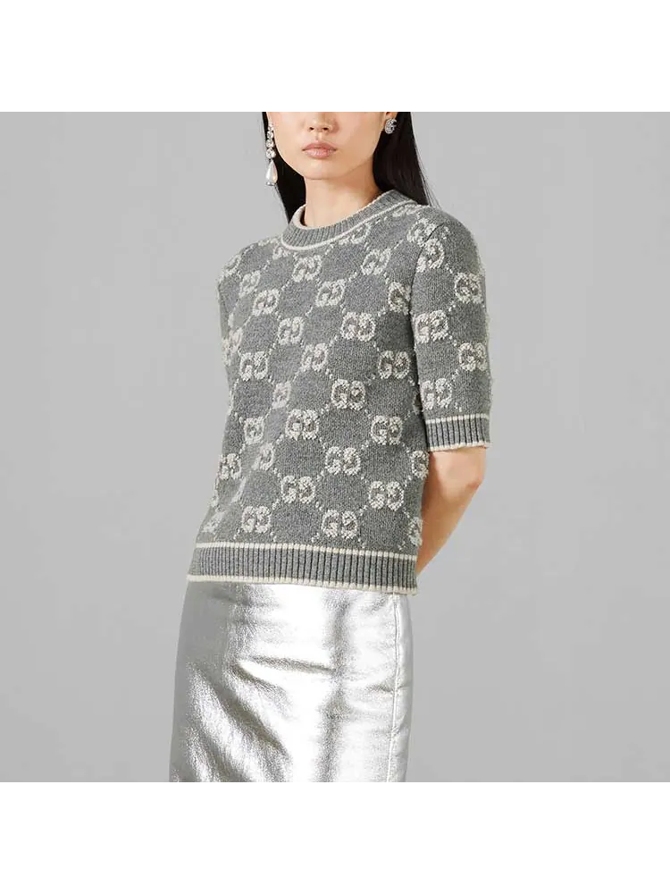 Топ женский Gucci GG Wool Boucl Jacquard Top, с жаккардовым узором — изображение 2 из 7, серый