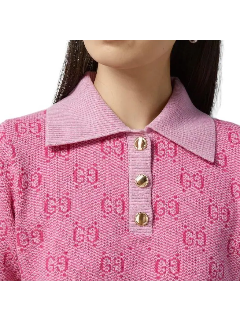 Поло Gucci GG Wool Jacquard Polo Shirt, классический крой — изображение 5 из 6, розовый