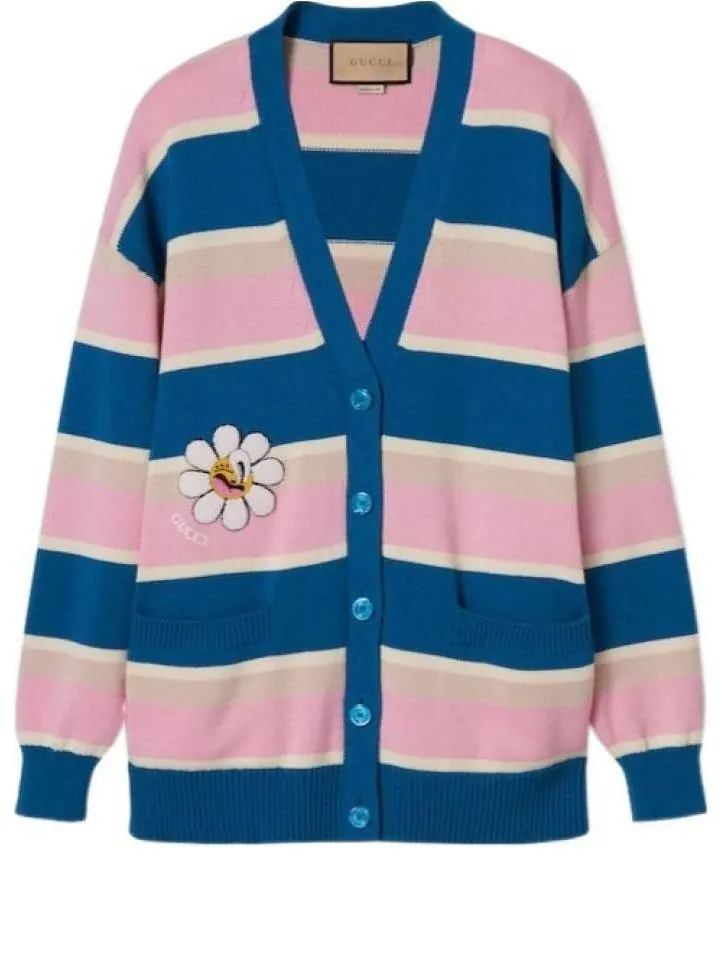 Кардиган Gucci Striped Cotton Wool With Patch, с нашивкой — изображение 1 из 6, розовый