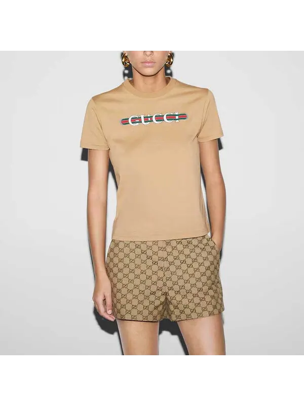 Футболка Gucci с принтом, хлопок джерси — изображение 3 из 4, бежевый